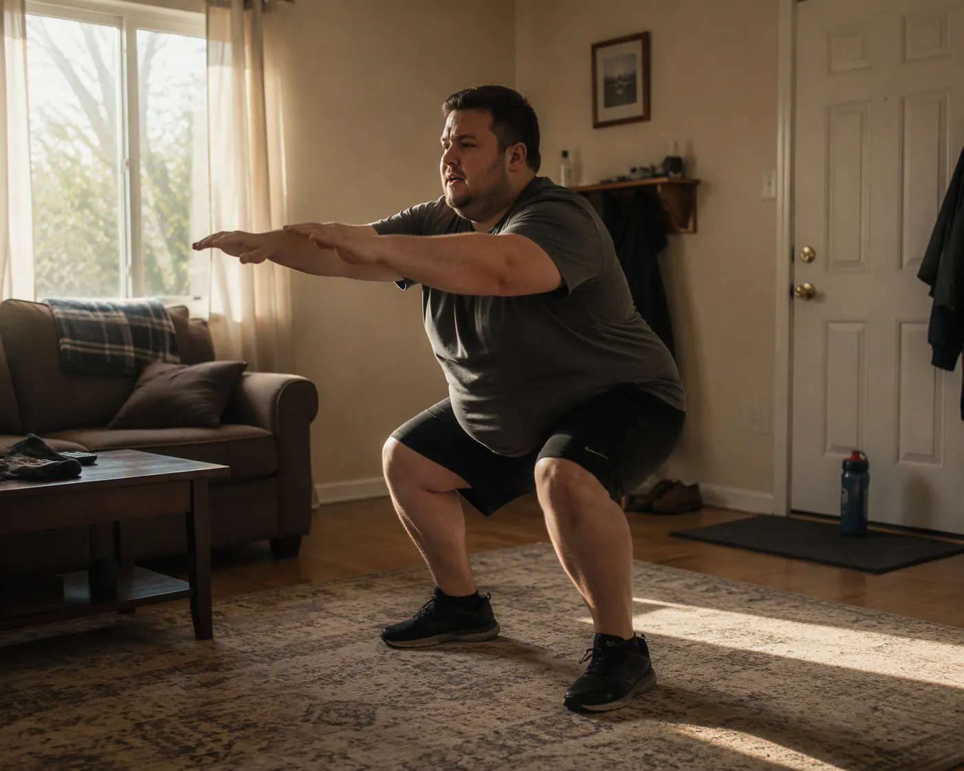 An everyday man doing a bodyweight squat in a modest apartment living room with walking shoes and a water bottle by the door