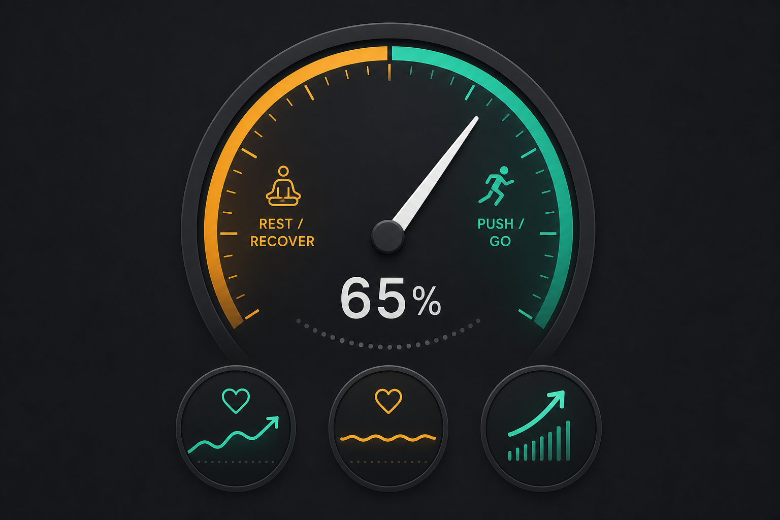 A circular gauge dial showing a readiness score at 65 percent, with a green 'push' zone and an amber 'rest' zone.