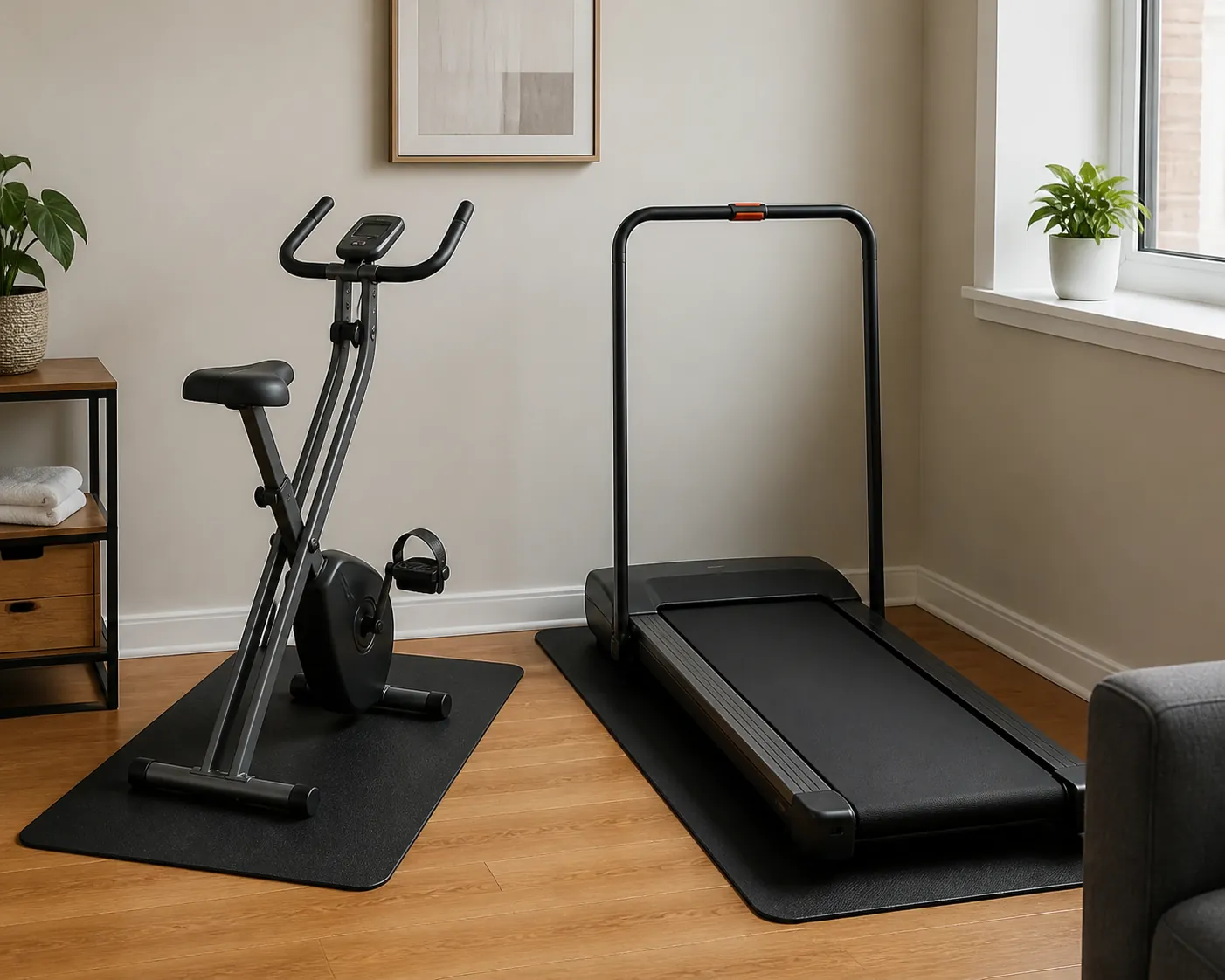 Compact folding exercise bike and small treadmill side by side on vibration-absorbing mats in an apartment room