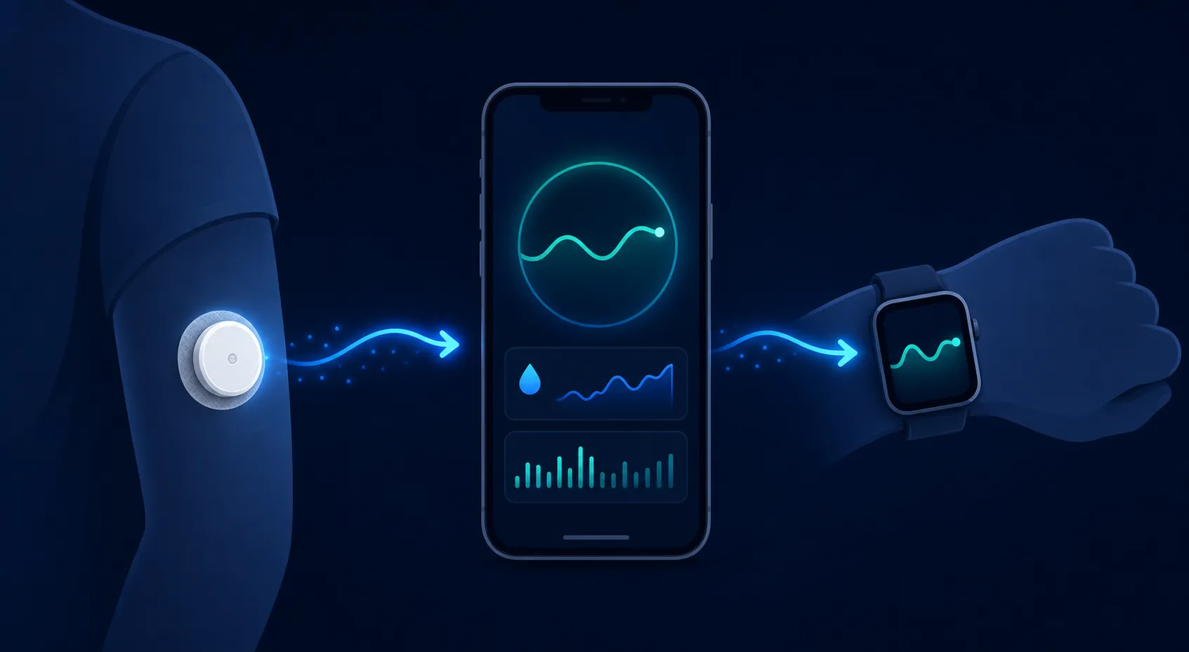 Illustration of CGM sensor data moving to a smartphone and then to a smartwatch