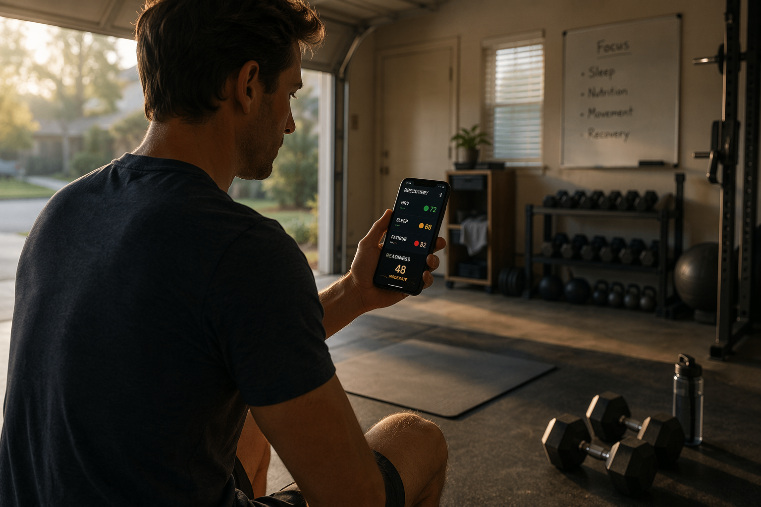 Person in a home gym checking a green-yellow-red recovery gauge before deciding workout intensity