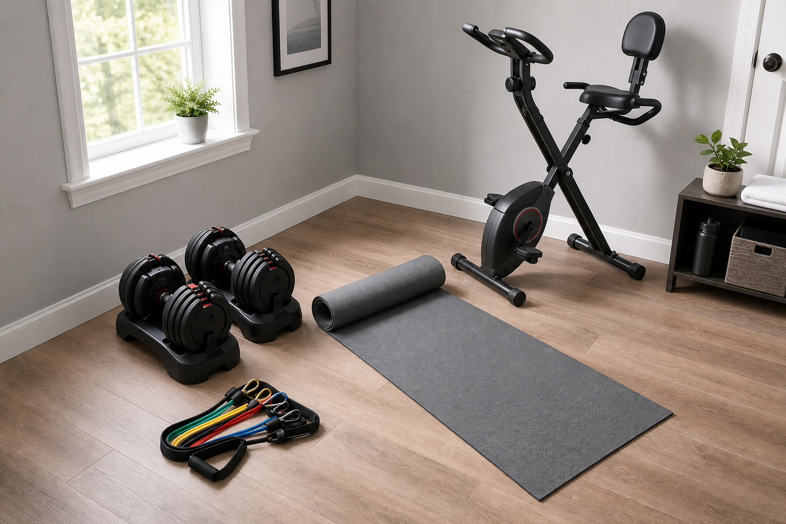 Overhead view of a compact home workout space with adjustable dumbbells, resistance bands, an exercise mat, and a foldable exercise bike arranged neatly in a modest room.