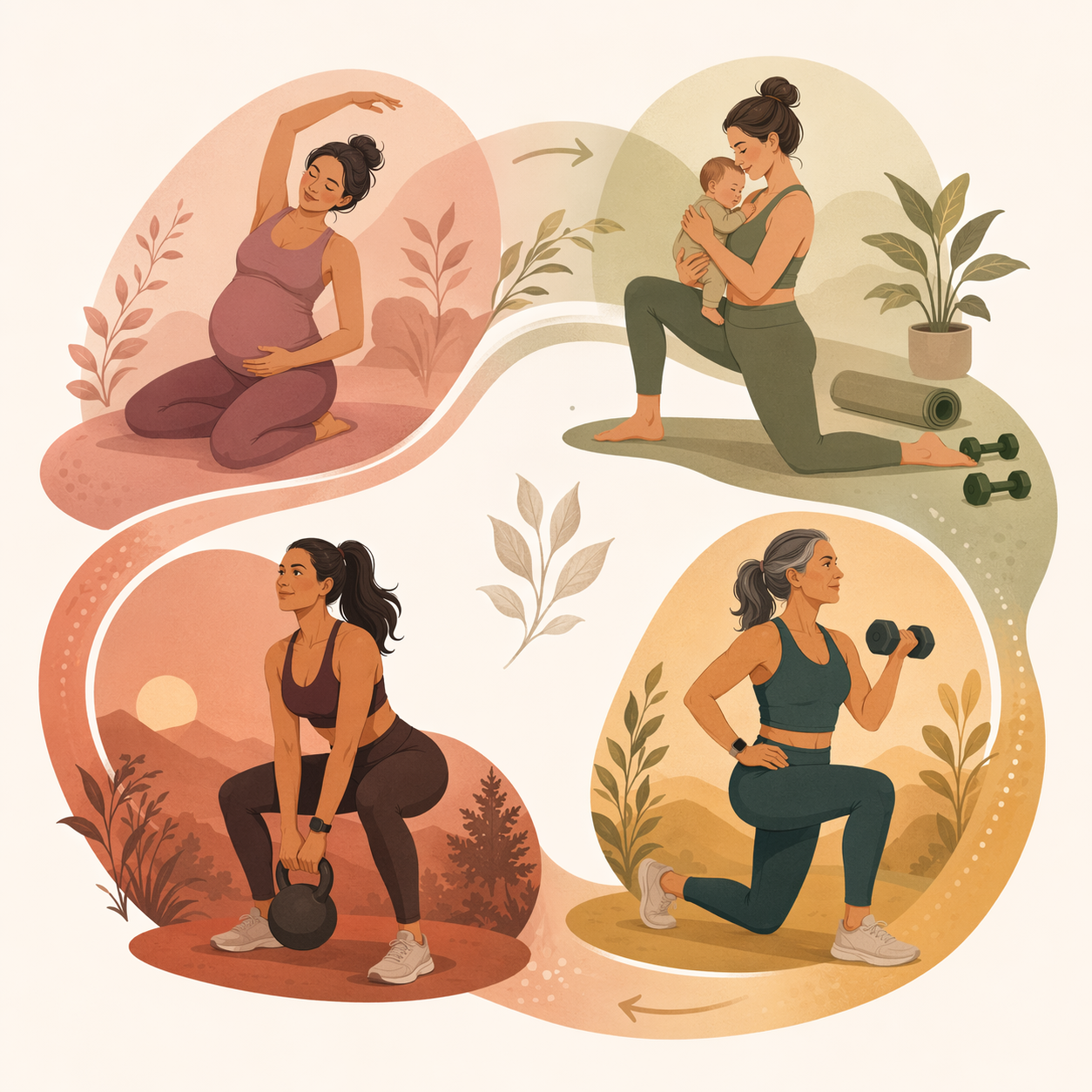 Editorial illustration of a woman's fitness journey through pregnancy, postpartum recovery, perimenopause, and general strength