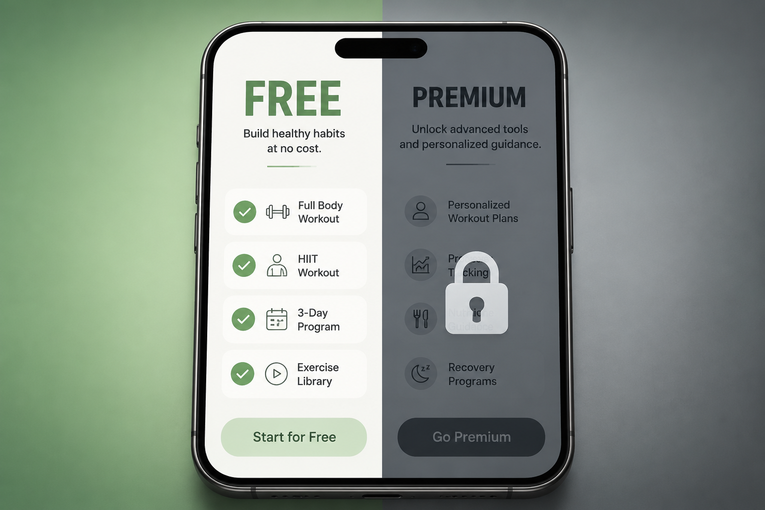 Smartphone split between free workout program access and locked premium features