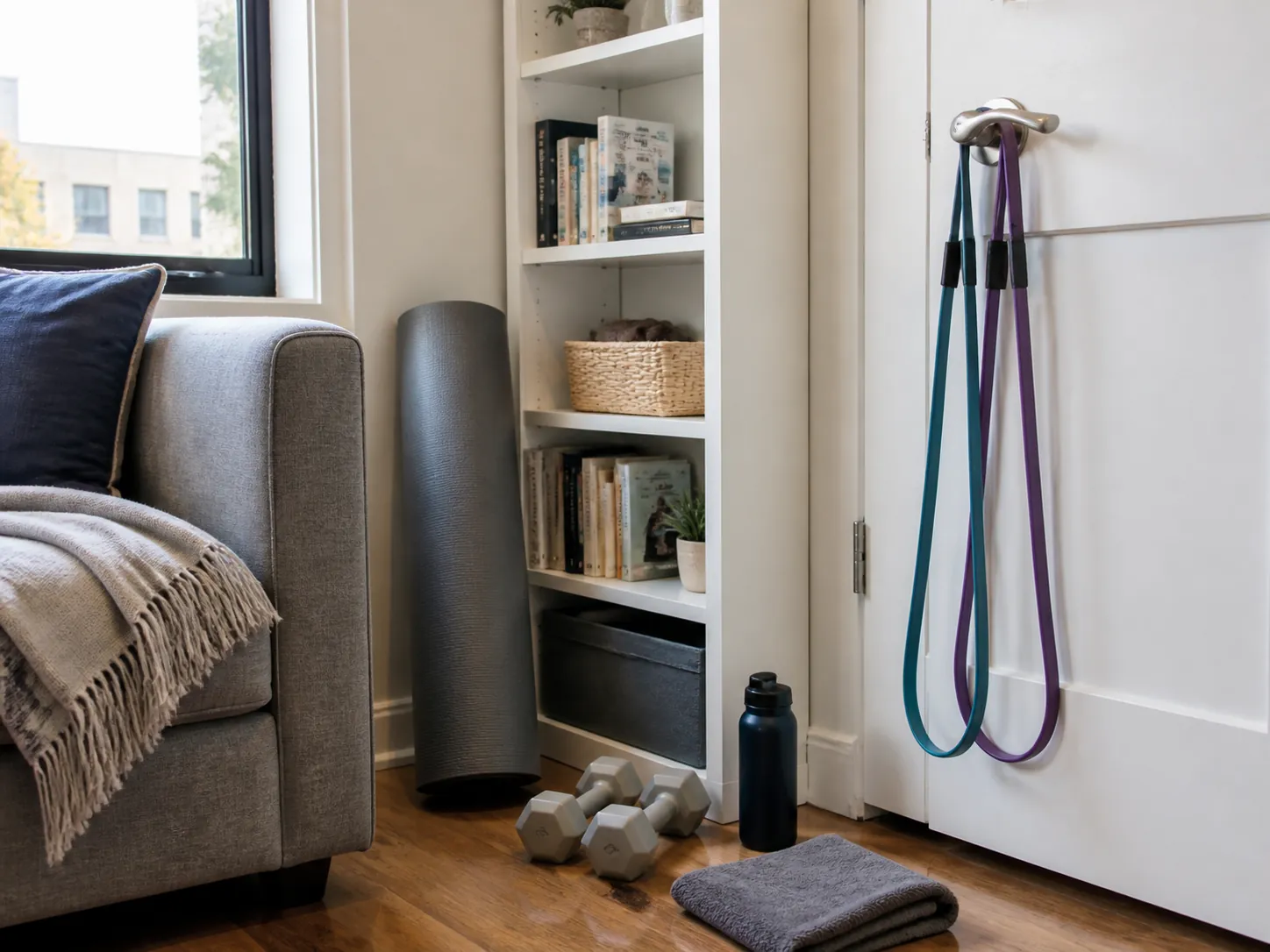 Compact apartment workout corner with yoga mat, resistance bands, light dumbbells, and water bottle