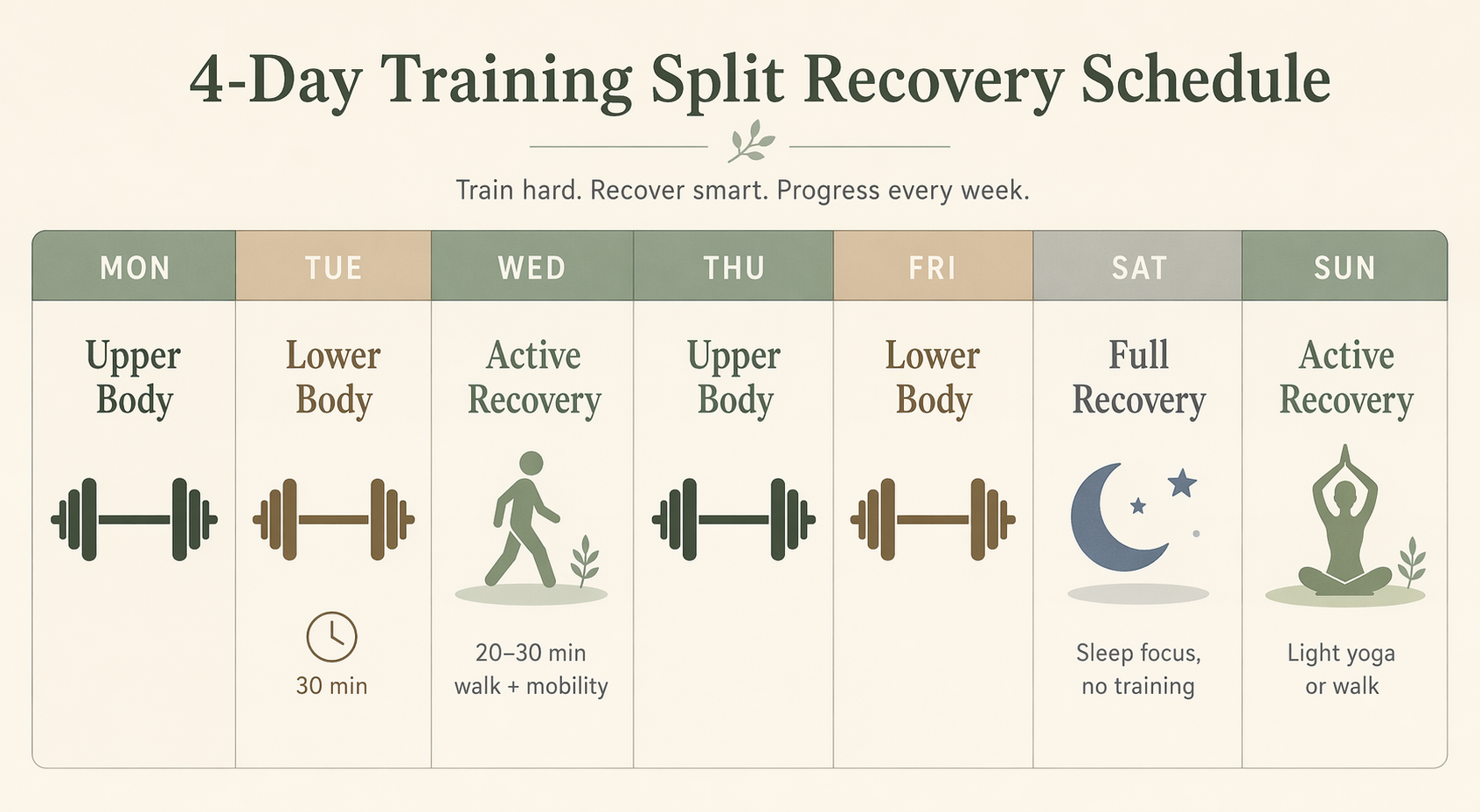 Weekly calendar grid for a 4-day training split showing upper/lower body days, active recovery, and full recovery days.