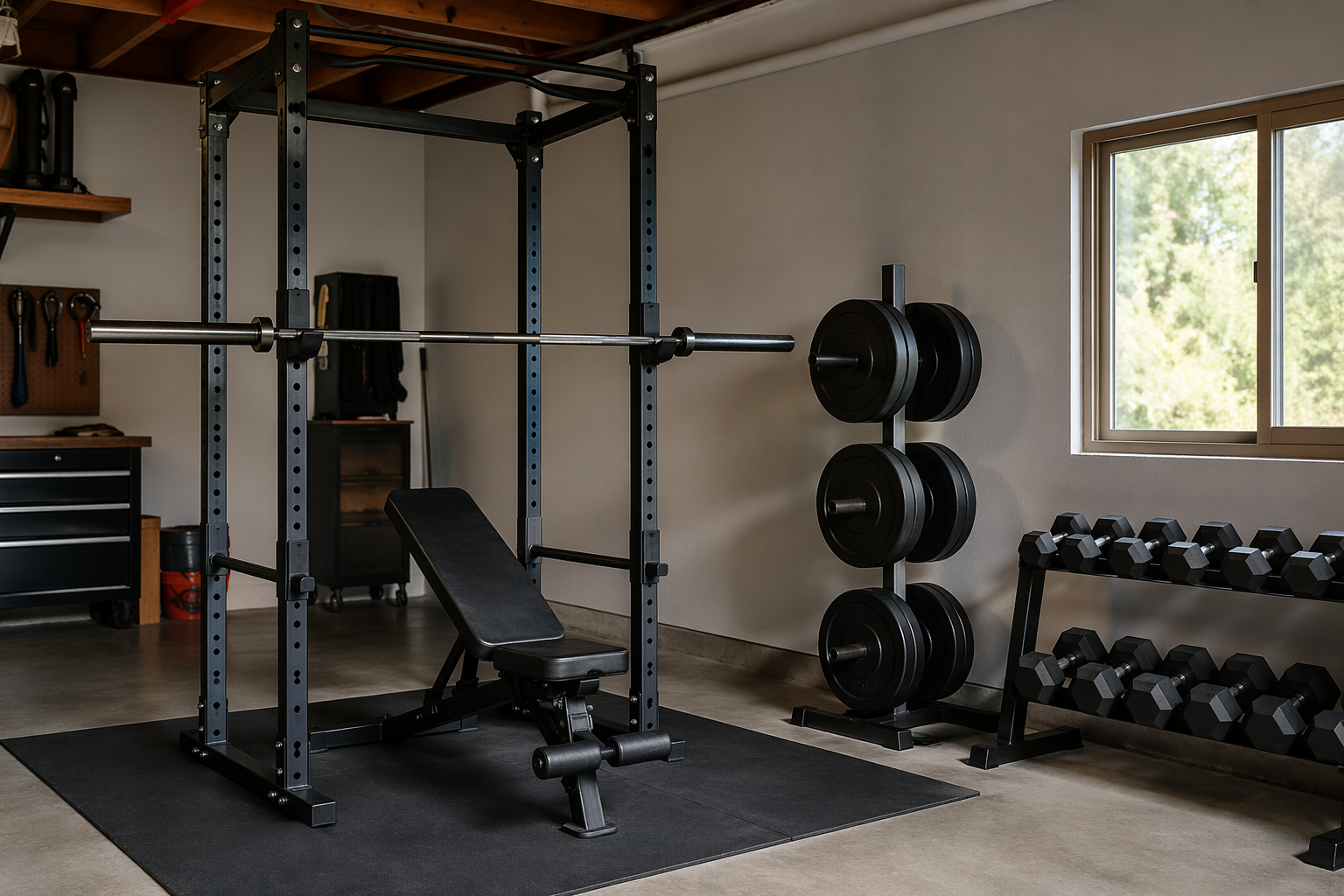 A home gym setup with separate equipment: black power rack, barbell on J-hooks, adjustable bench underneath, bumper plates on a tree, dumbbells on a stand in a bright garage.