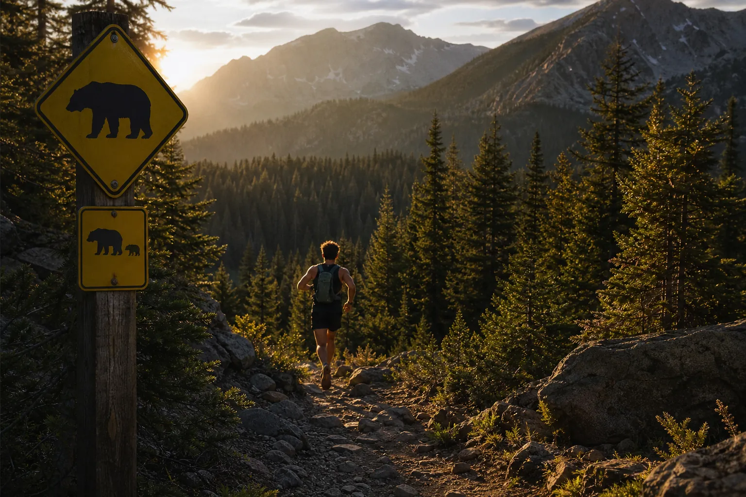 A lone trail runner moving through dense mountain forest bear country at golden hour