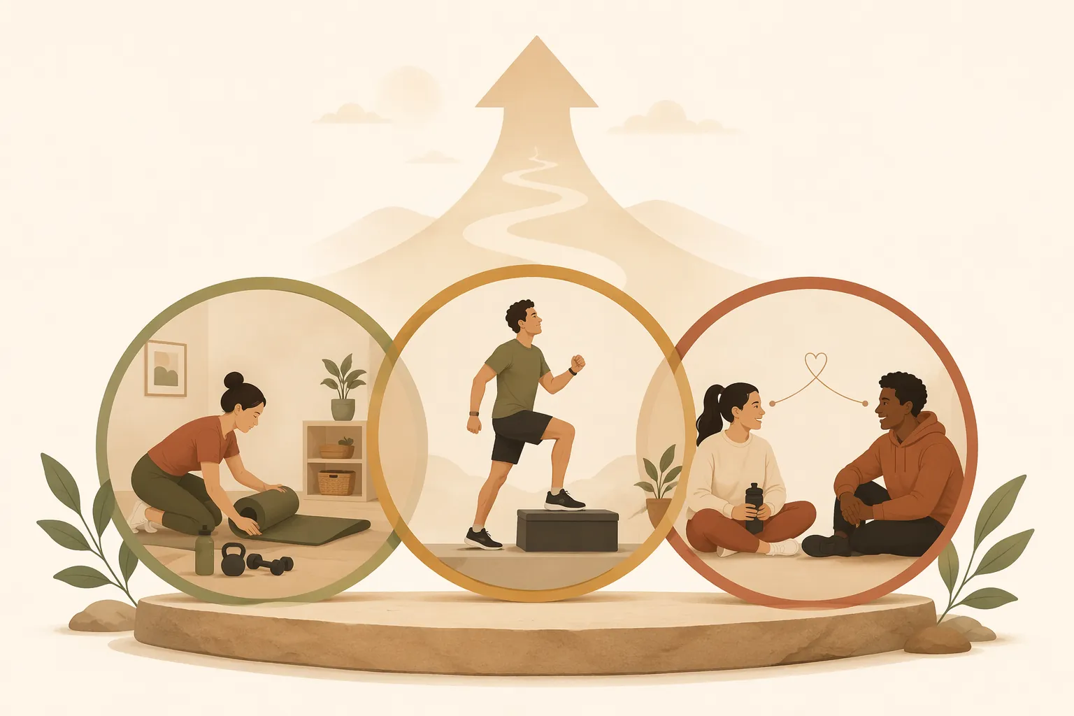 An editorial illustration of environmental control, small progress, and social support forming a recovery triangle