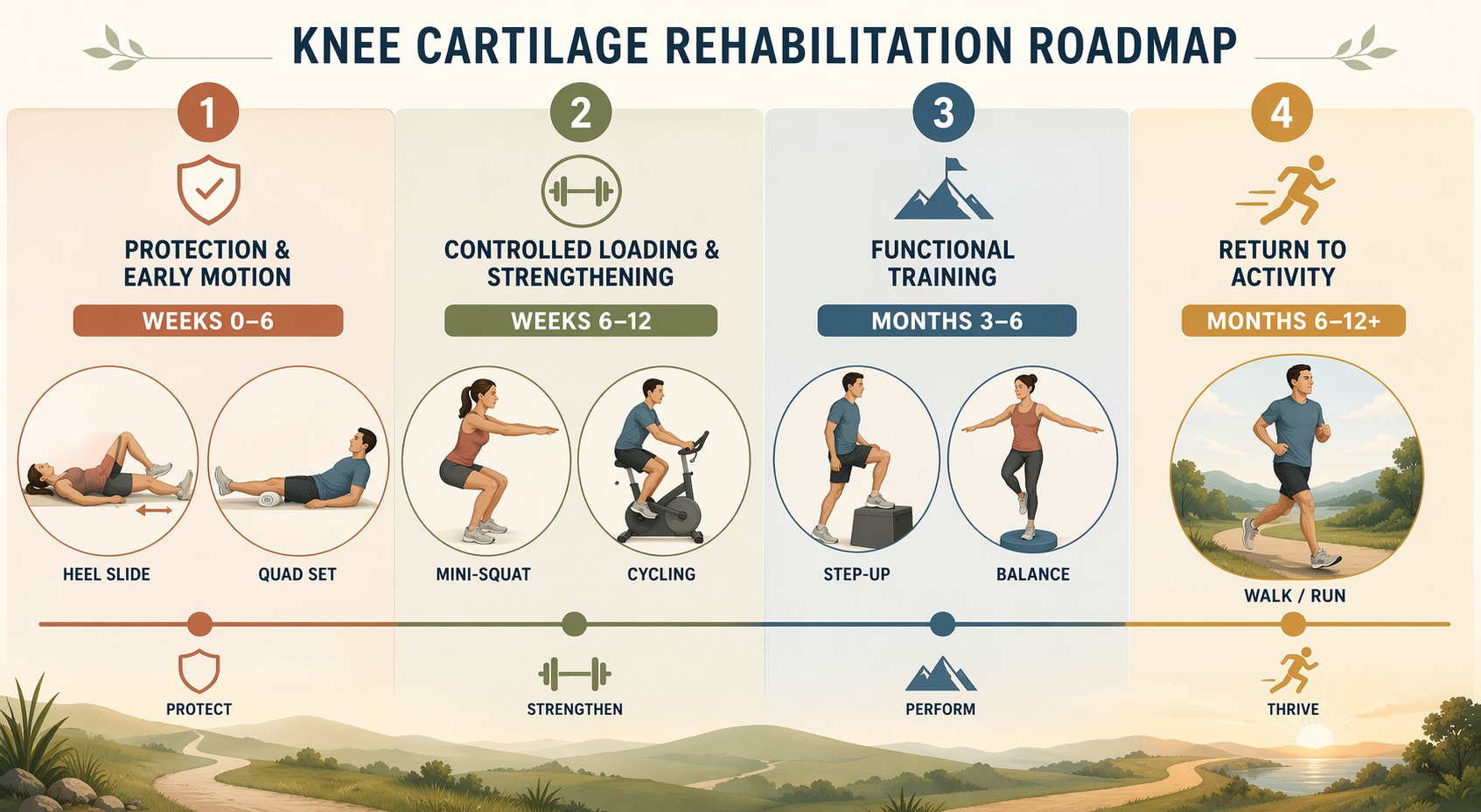 Four-phase timeline for knee cartilage rehabilitation from early motion to return to activity