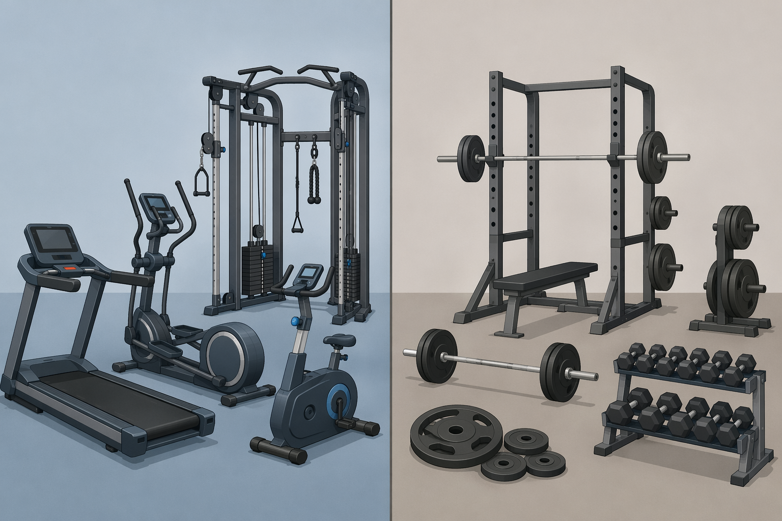 Motorized cardio and cable equipment compared with basic strength equipment