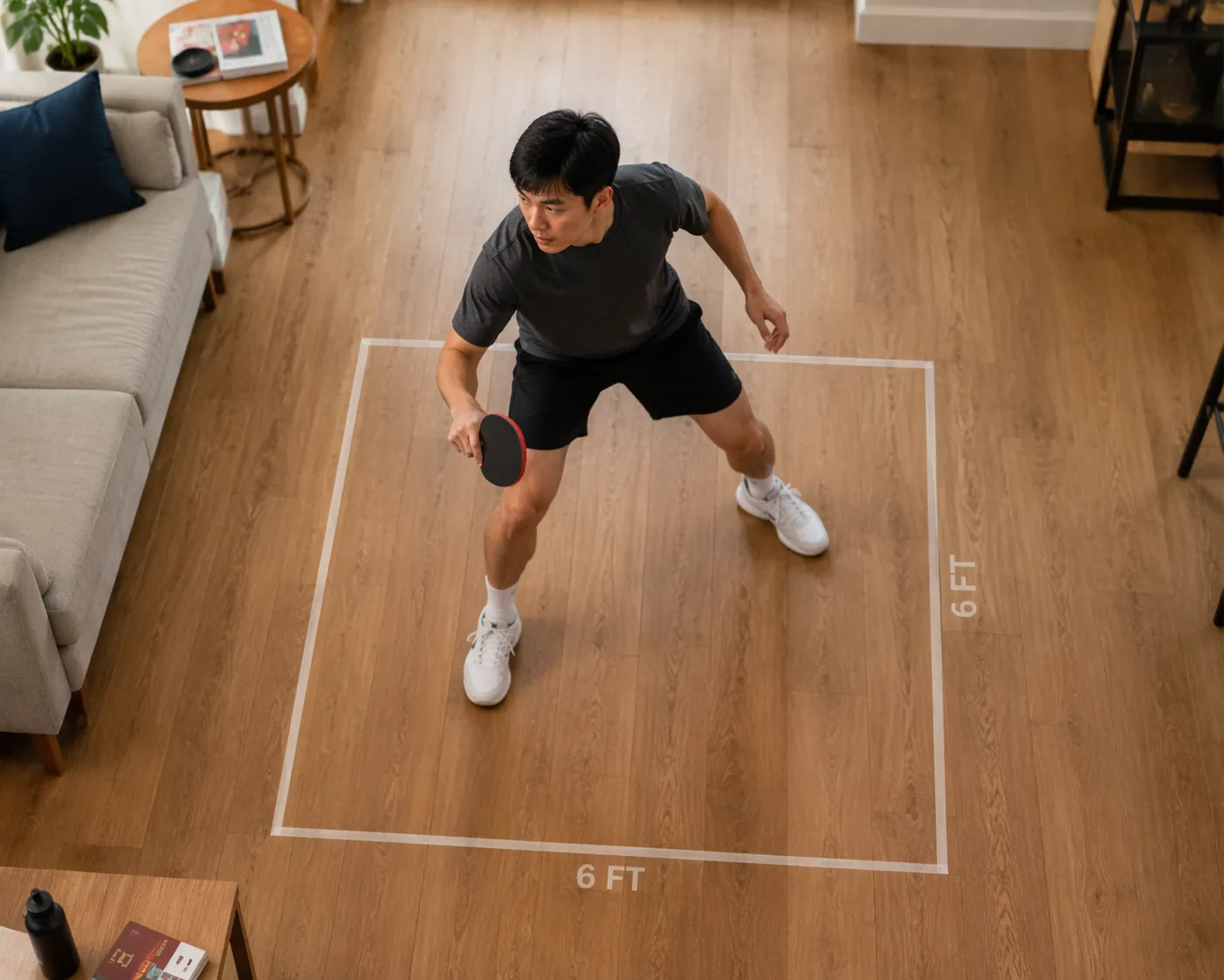 Overhead view of a 6-foot-by-6-foot apartment workout area with a person holding a ping pong paddle