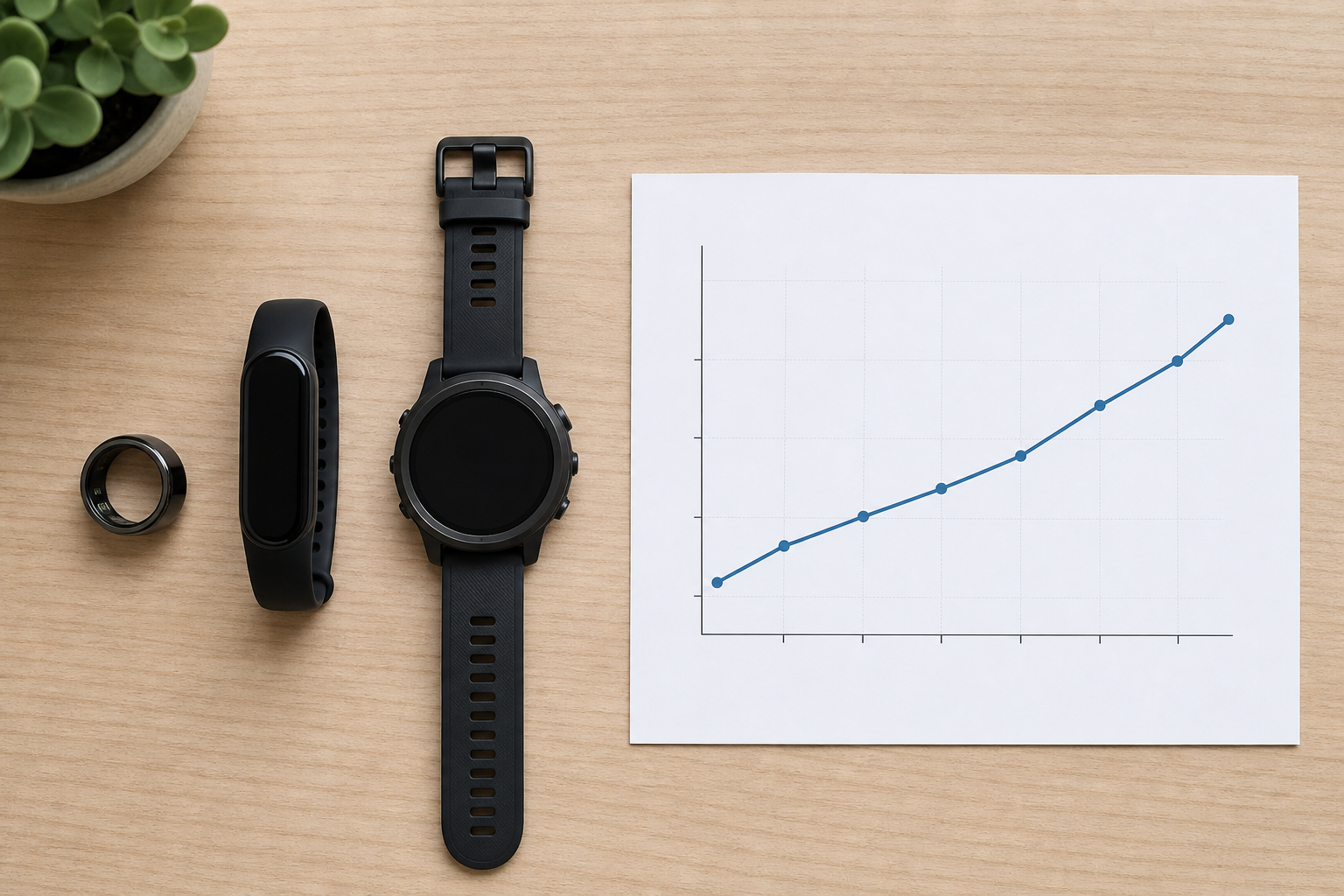Three wearable fitness devices — a ring, a wristband, and a sports watch — laid flat on a wood surface alongside a graph showing an upward-trending HRV line over seven days.