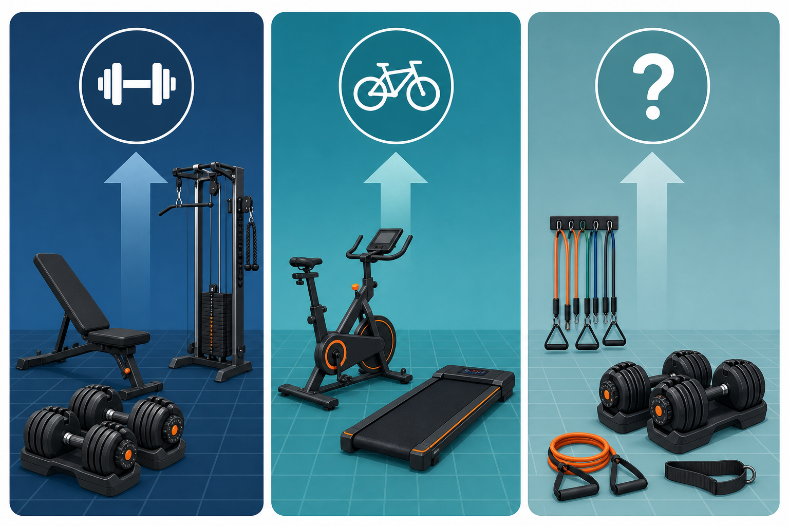 A flat-vector editorial illustration split into three columns: a strength path column showing adjustable dumbbells, bench, and cable tower with a dumbbell icon; a cardio path column showing a stationary bike and walking pad with a cycling icon; and a no-idea path column showing resistance bands and dumbbells with a question mark icon, all on a cool blue grid layout with warm orange highlights.