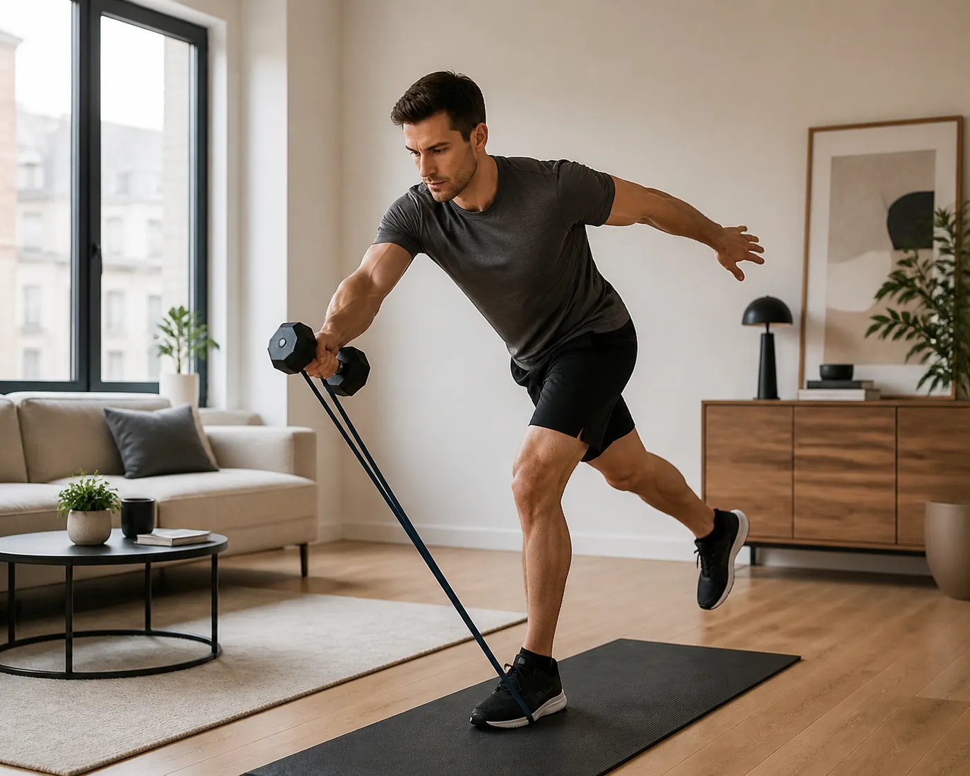 Person training balance with a light dumbbell in a quiet apartment living room