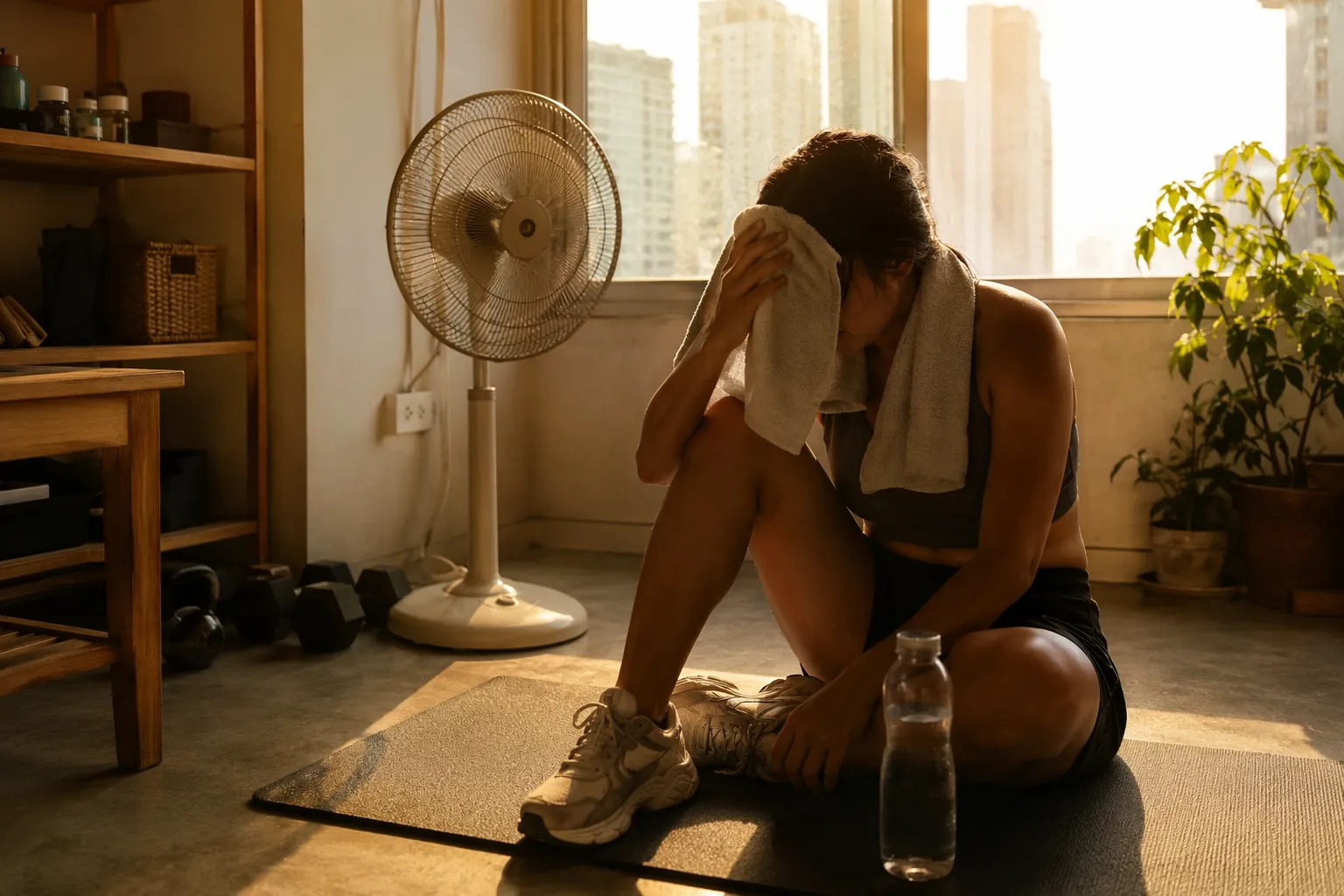 Person sitting on a yoga mat in a hot small apartment after a home workout with a fan, water bottle, and damp towel nearby