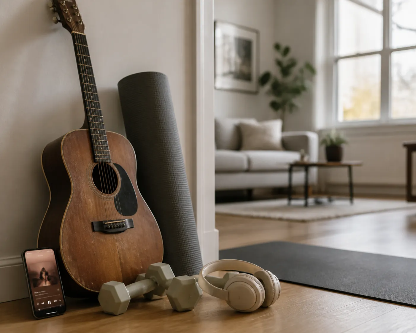 Apartment workout corner with guitar, yoga mat, dumbbells, headphones, and a phone music player