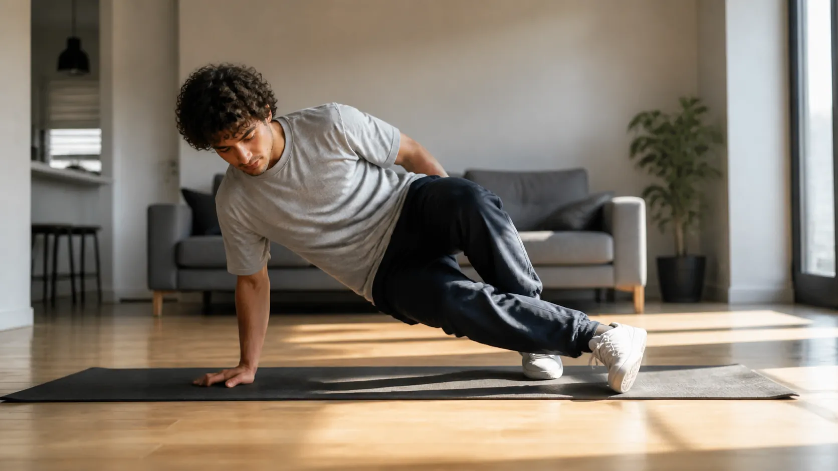 Beginner practicing a low 6-step footwork position on a cleared apartment floor