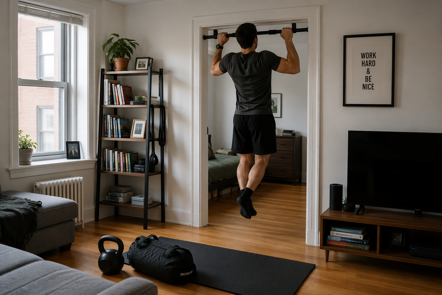 Person performing a dead-hang pull-up on a doorway-mounted bar in an apartment with a mat, kettlebell, and sandbag nearby