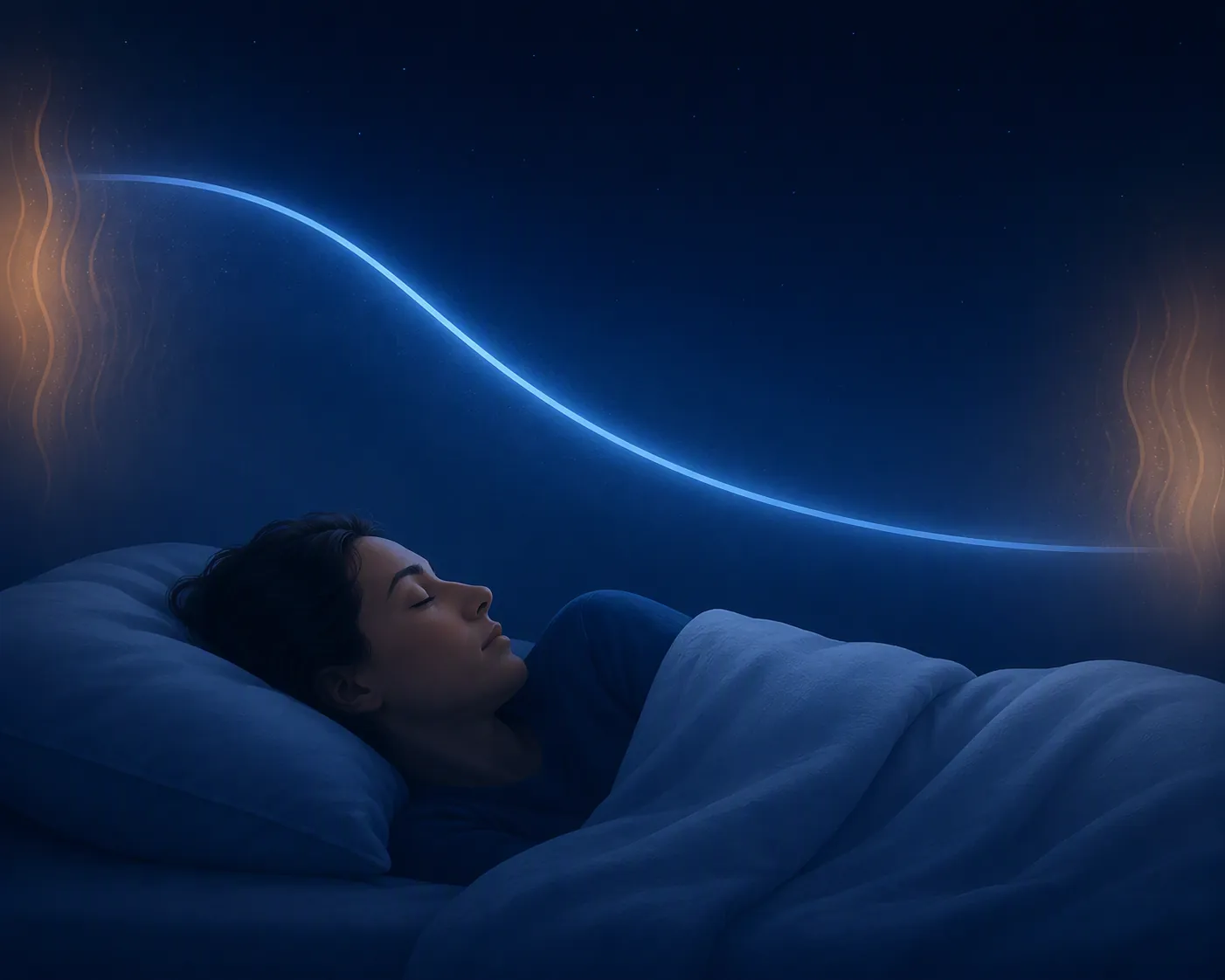 Sleeping person under a light blanket with a cool blue curve descending above them to represent falling core body temperature