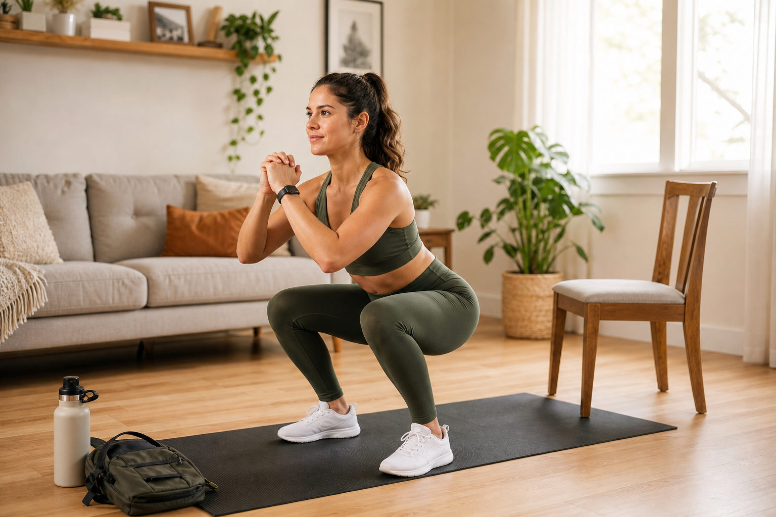 A person in athletic clothing performs a bodyweight squat on a yoga mat in a bright, natural-lit living room with wood floors. A chair, water bottle, and small backpack sit nearby.