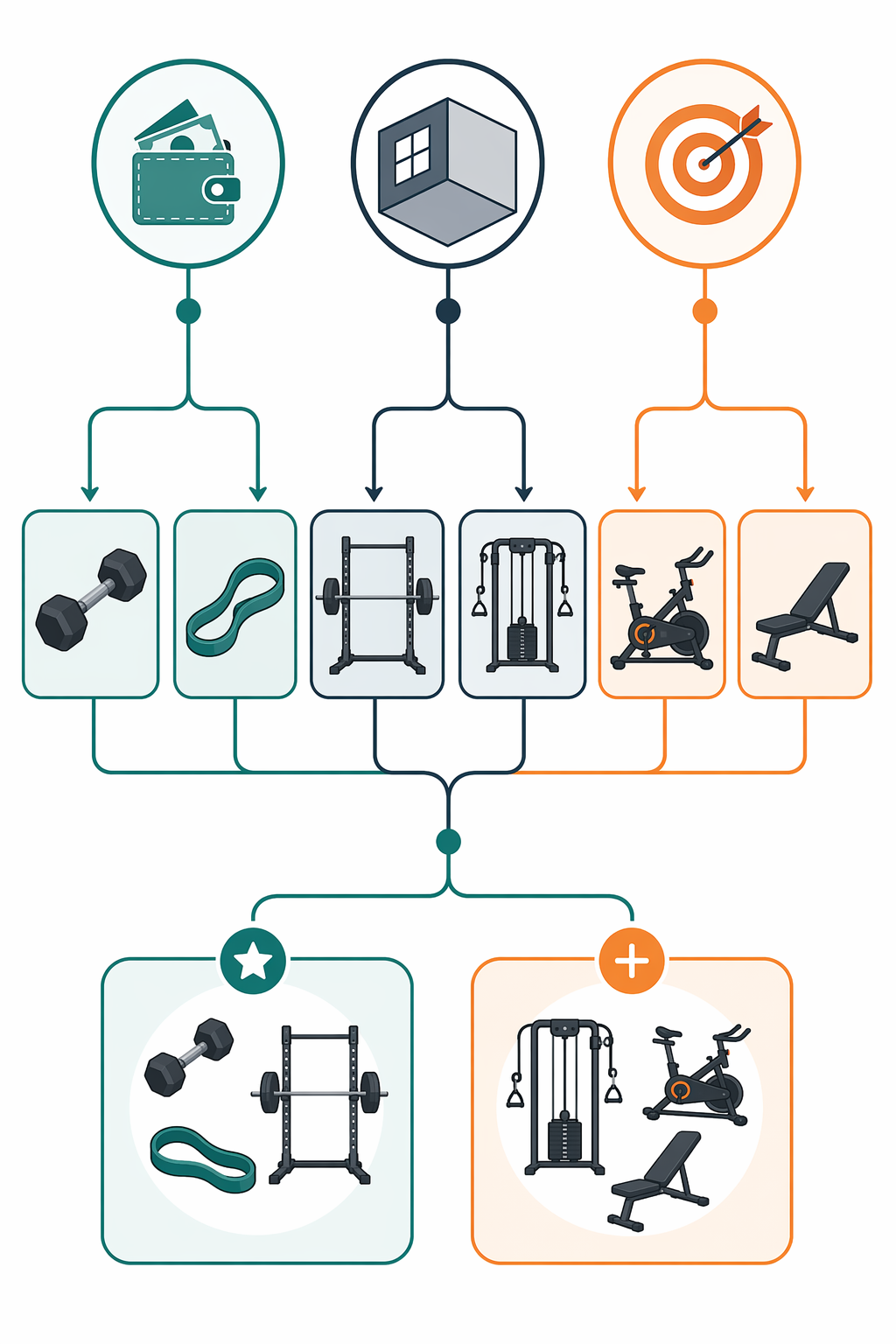 A clean editorial decision flowchart illustration starting with three branching input nodes for Budget, Space, and Training Goal, leading through equipment category pictograms (dumbbell, barbell rack, resistance band, cable machine, cardio bike, bench), and converging at a phased buying approach showing Phase 1 Essentials and Phase 2 Additions, in slate gray, teal, and warm orange on a white background.