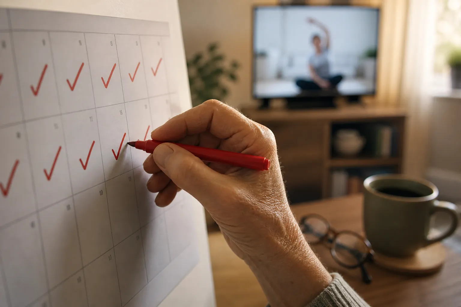 Older adult marking a checkmark on a wall calendar while a gentle seated exercise video plays in the background