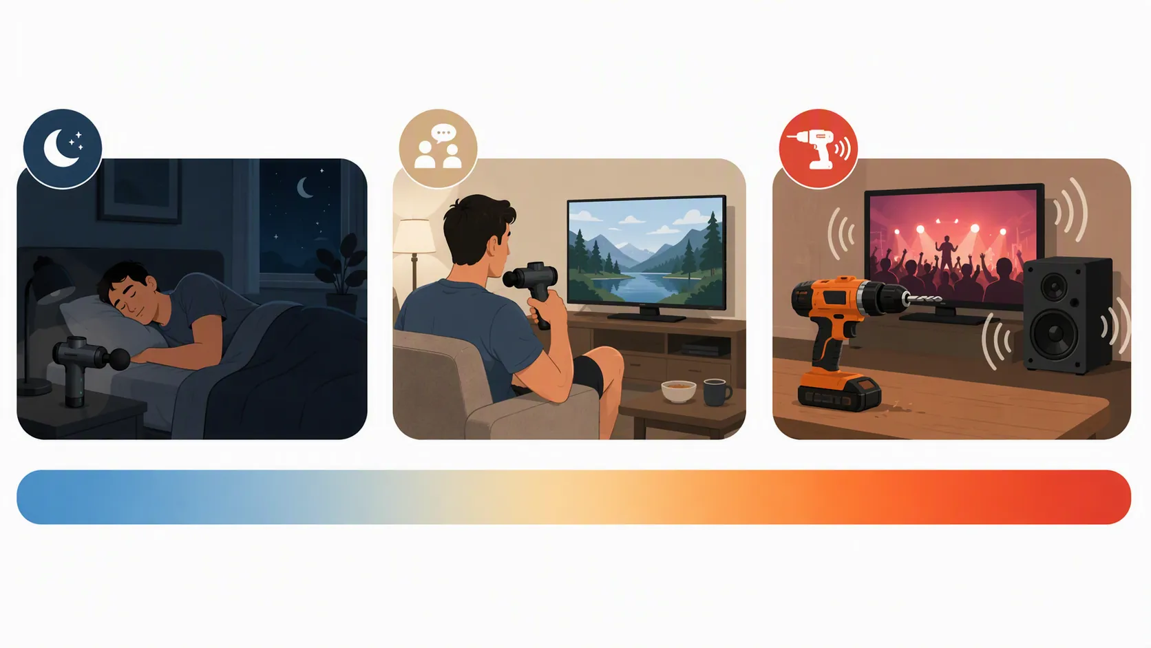Illustrated noise range from quiet bedroom use to loud power-tool-level sound