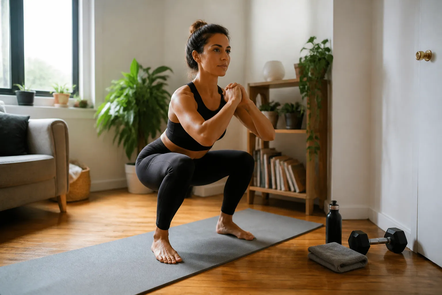 A person doing a bodyweight squat on a yoga mat in a small apartment living room