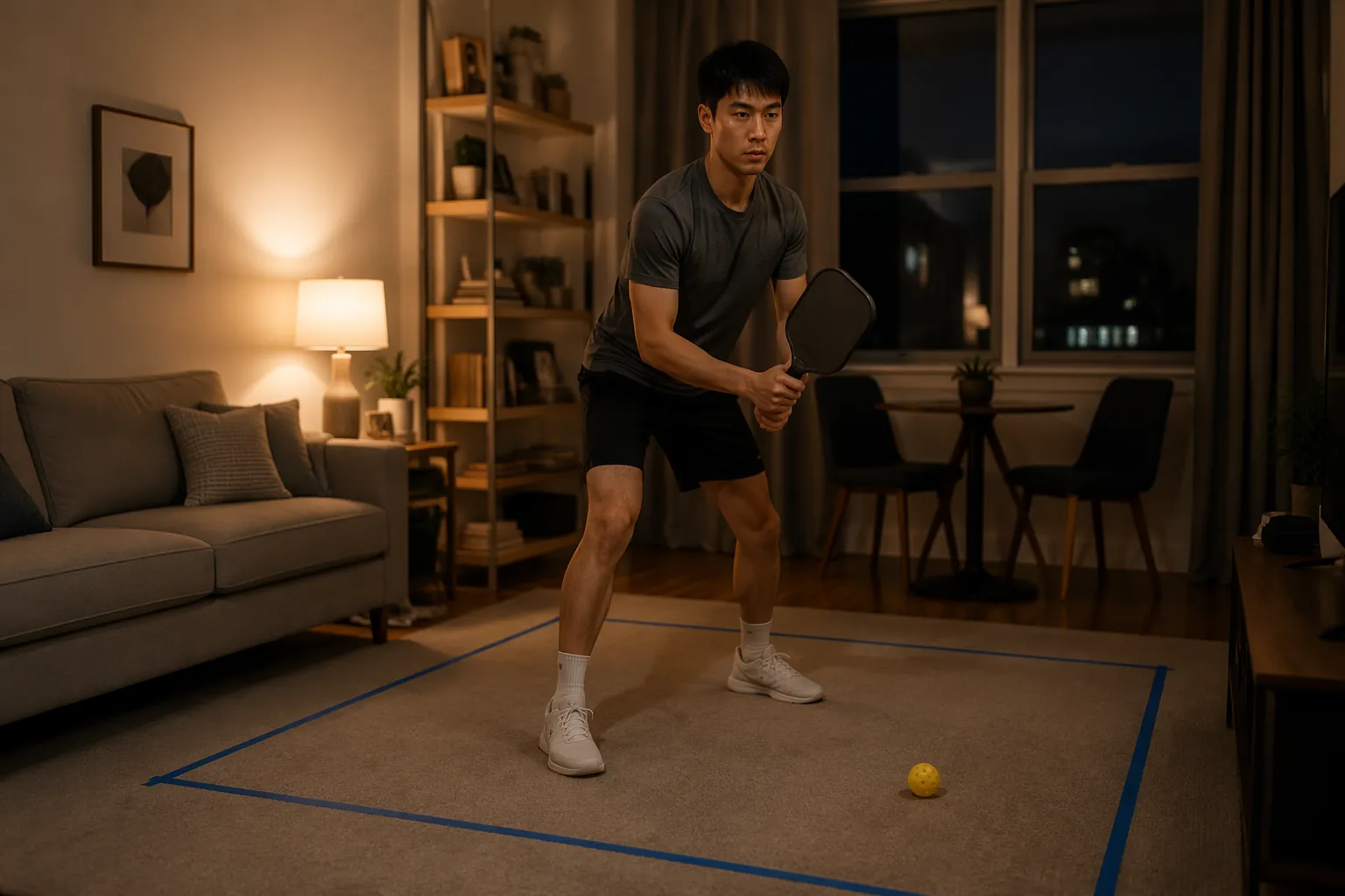 Person practicing quiet pickleball footwork on a taped rug in a small apartment living room