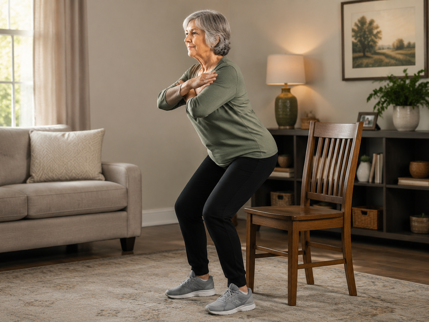 Older adult performing a sit-to-stand exercise from a sturdy wooden chair at home