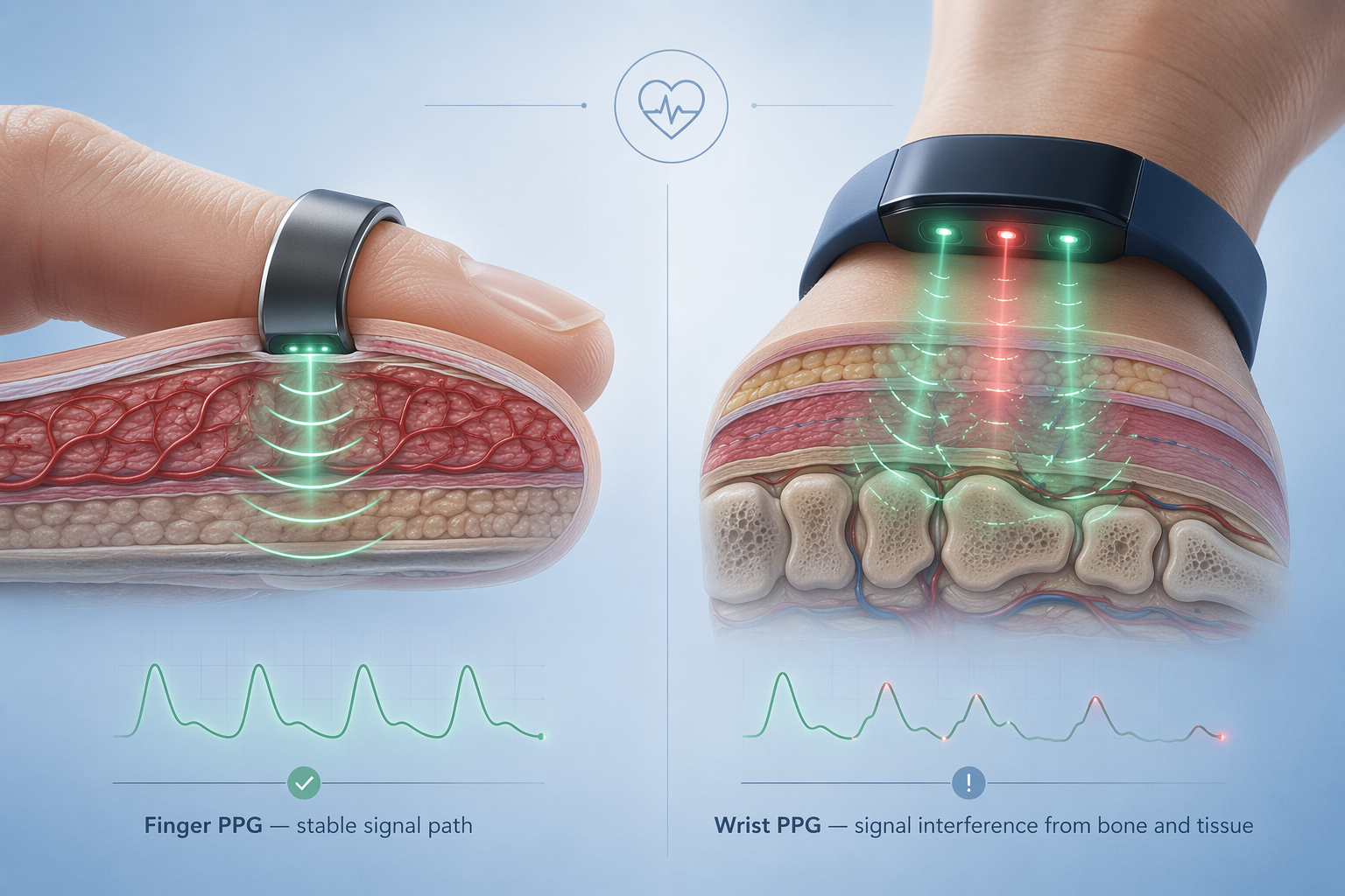 Two cross-section views: a finger with a ring device over blood vessels displaying strong pulse signal waves, contrasted with a wrist with a fitness band showing weaker signal waves traveling through tissue and bone, annotated with subtle labels indicating finger PPG and wrist PPG signal paths.