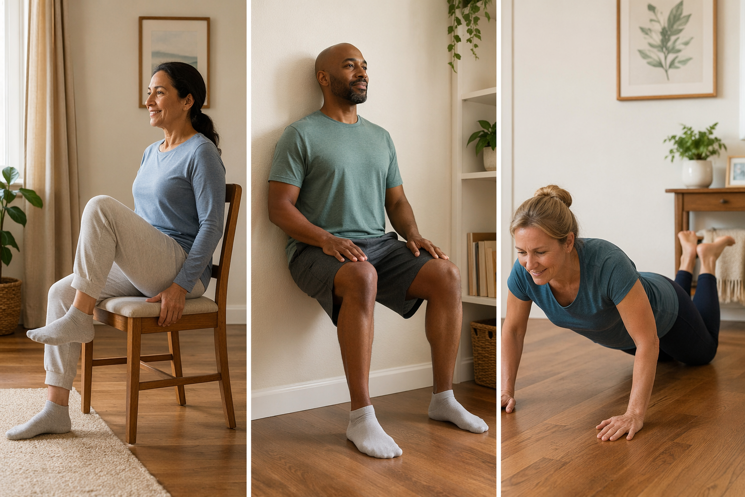 A warm-toned home fitness triptych showing a person doing a seated knee raise on a chair, a wall sit, and a modified push-up on knees.