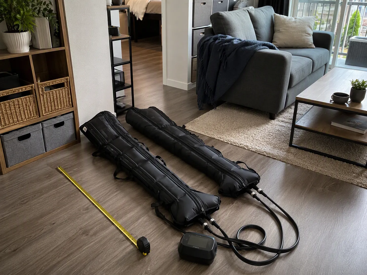 Bulky pneumatic compression boots spread across the floor of a small studio apartment beside a measuring tape