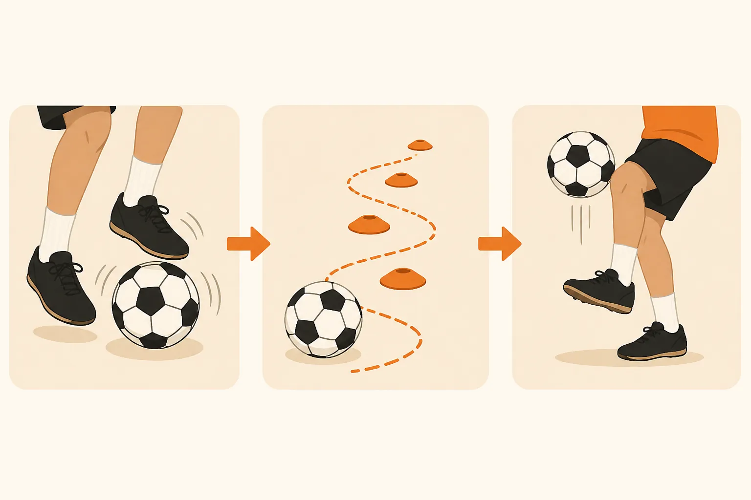 Illustration of a youth soccer home session moving from toe taps to marker dribbling to juggling