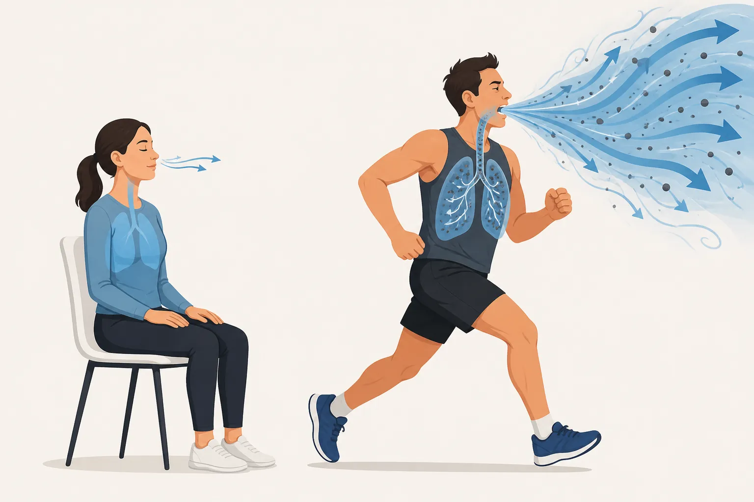Comparison of a seated person breathing a small air stream and a runner inhaling a larger smoke-particle-filled air stream
