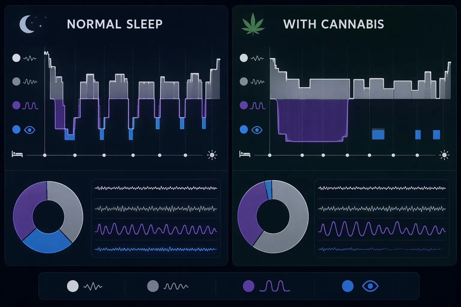 Side-by-side sleep architecture comparison showing balanced normal sleep and cannabis-associated deeper slow-wave sleep with reduced REM