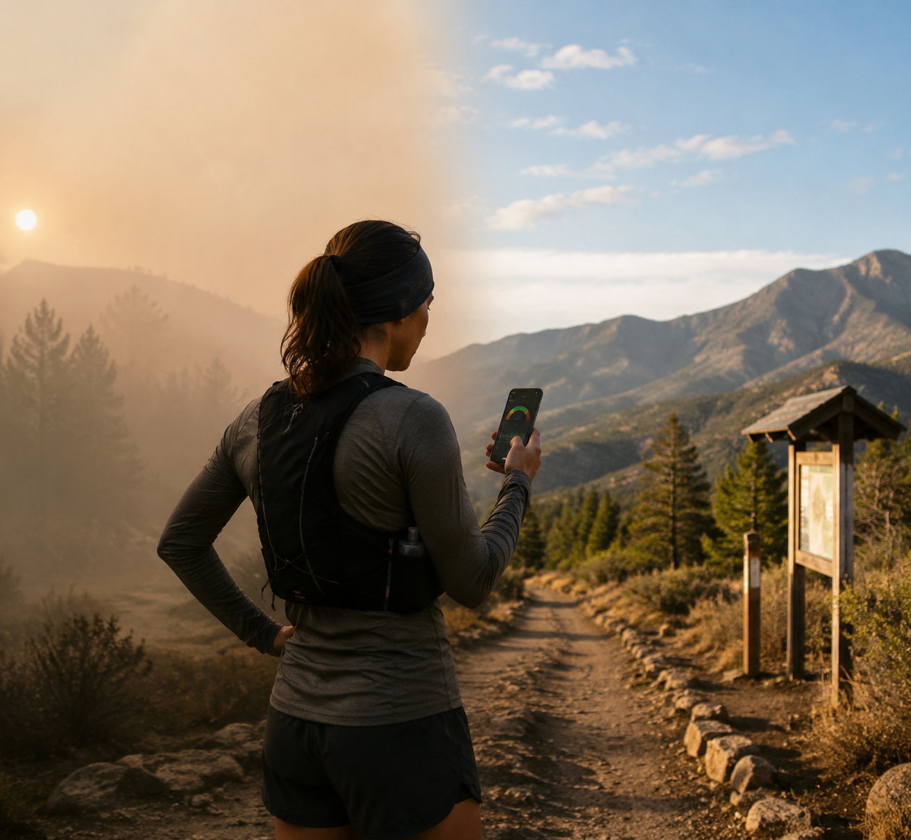 Trail runner checking air quality on a smartphone as smoky morning conditions clear into afternoon sun
