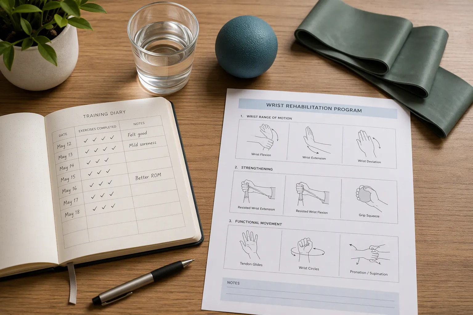 Training diary, printed wrist exercise instructions, resistance band, stress ball, water glass, and pen on a wooden table