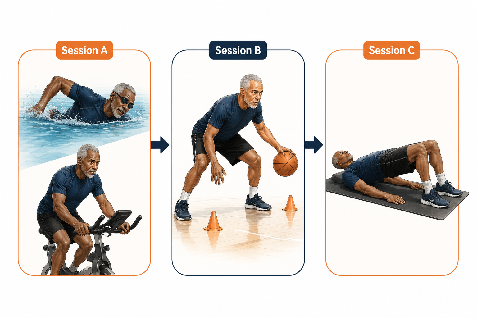 Three-panel weekly home conditioning schedule showing aerobic base training, basketball-specific movement, and strength and mobility work