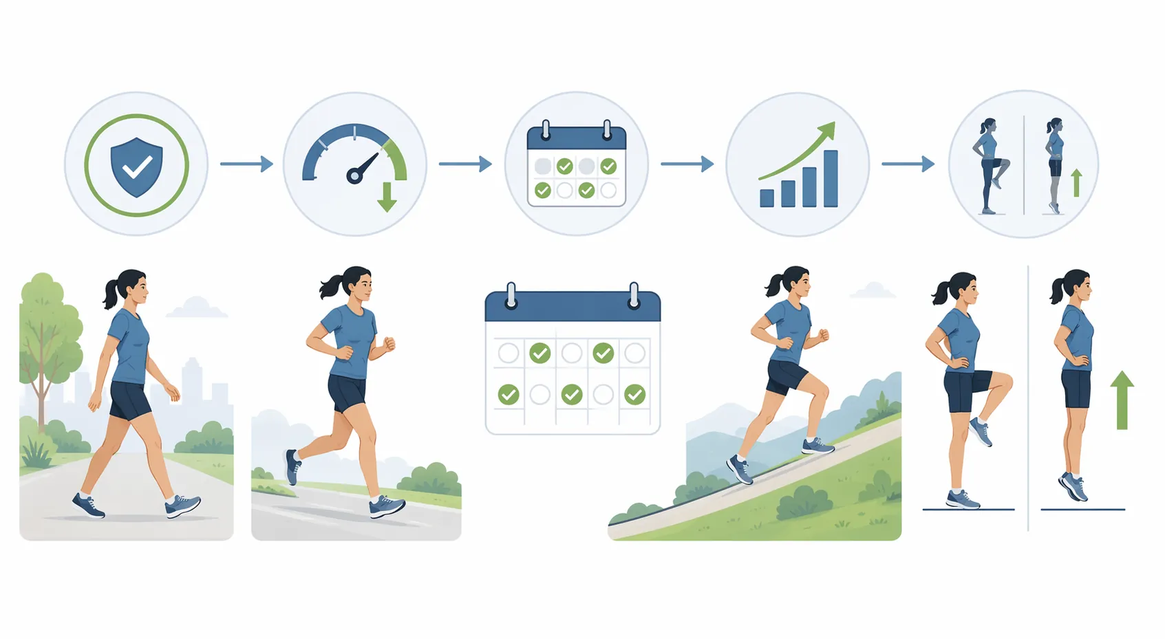 Illustration of a graded return-to-running pathway with walking, jogging, every-other-day running, gradual increases, and readiness checks