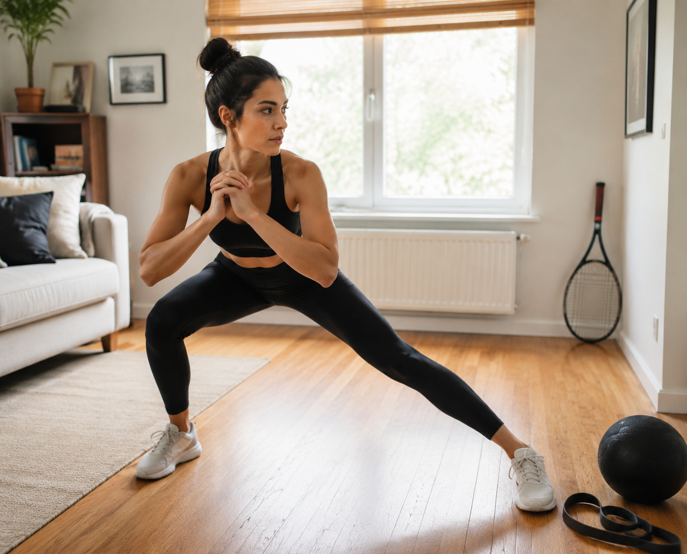 Person performing a lateral lunge in a small home training space with a resistance band, medicine ball, and tennis racket nearby