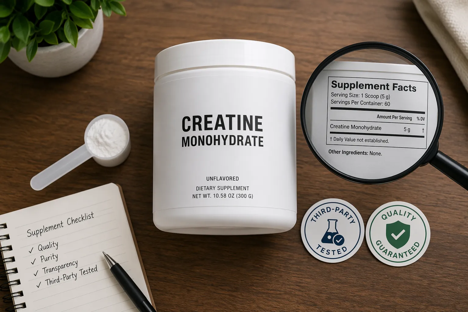 Creatine tub label checked with magnifying glass beside supplement certification icons and a training notebook