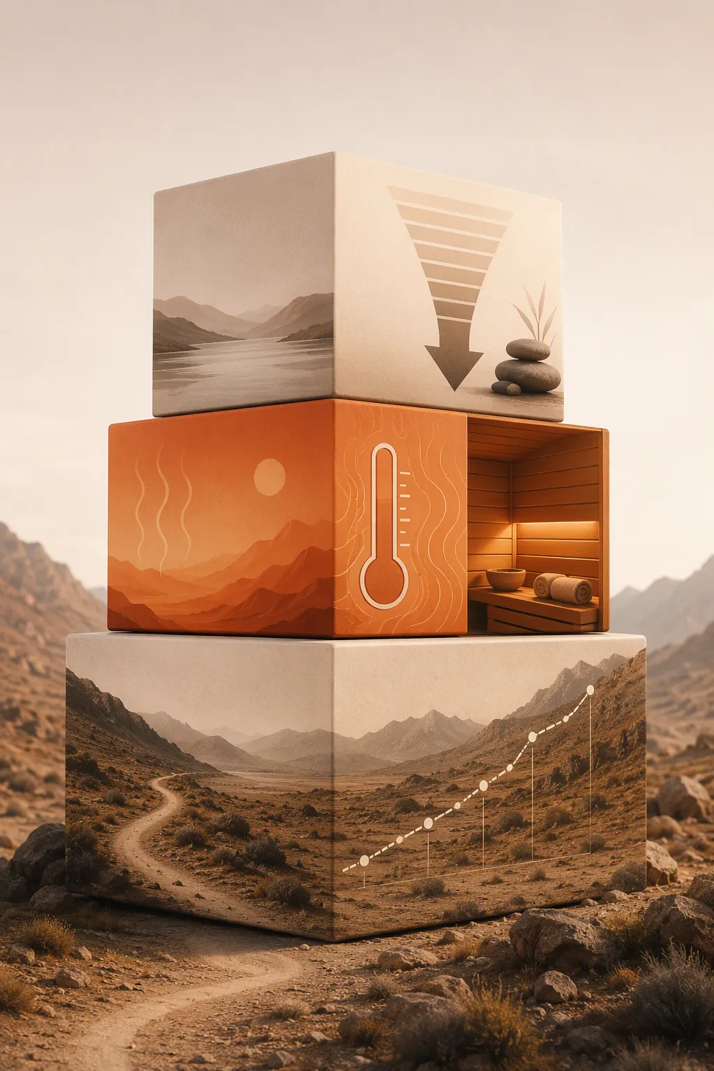 Three stacked training blocks in desert tones representing base mileage, heat acclimation, and taper for Badwater 135 preparation