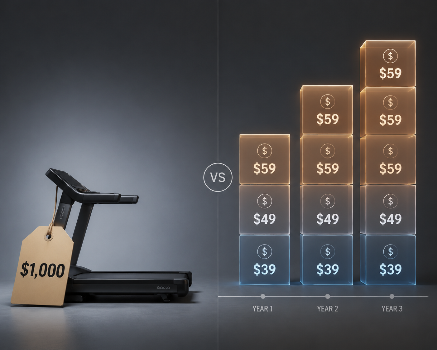 A treadmill sticker price contrasted with stacked monthly subscription costs
