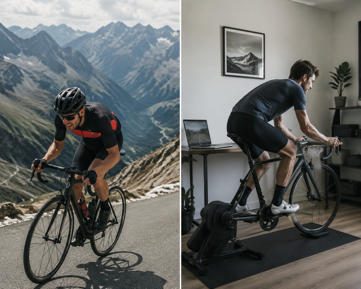 Professional mountain race effort contrasted with a home athlete riding a smart indoor trainer