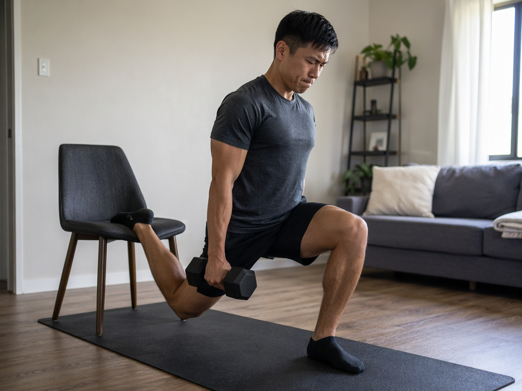 Person performing a dumbbell Bulgarian split squat in a living room with a chair behind them