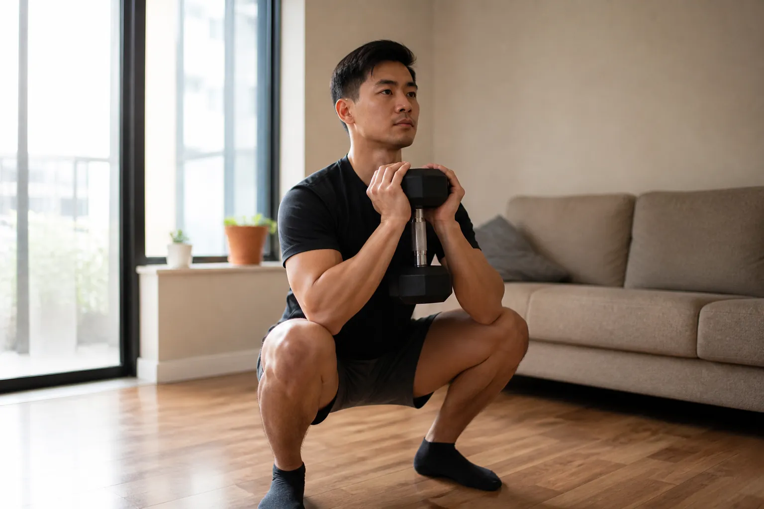 A person performing a goblet squat with one dumbbell in a small apartment living room