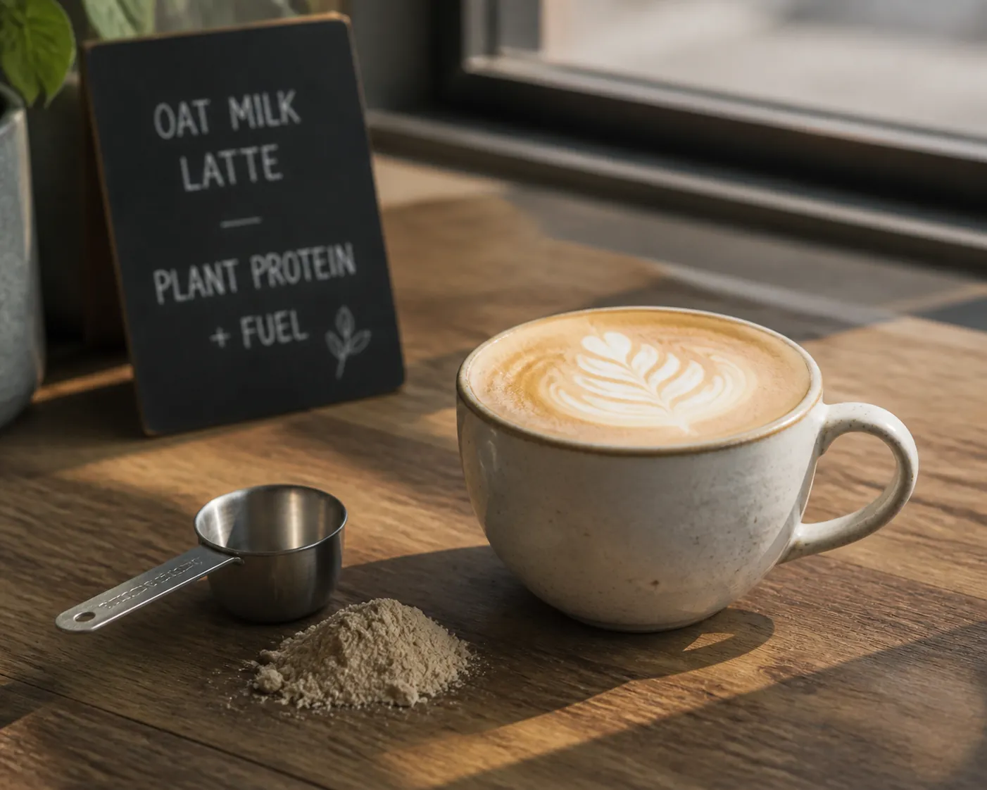 Oat milk latte beside a small scoop of plant protein powder on a wooden counter