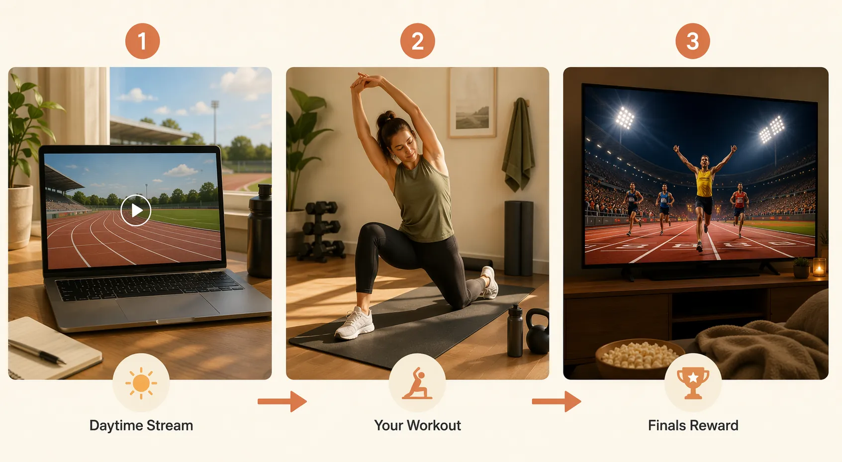 Illustration showing a daytime track stream, a bodyweight workout, and a TV finals broadcast connected by arrows